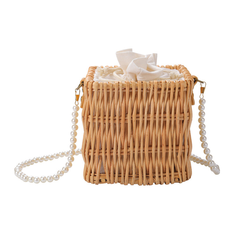 Ladies Elegant Basket Bag with Pearl Accents Bowlift