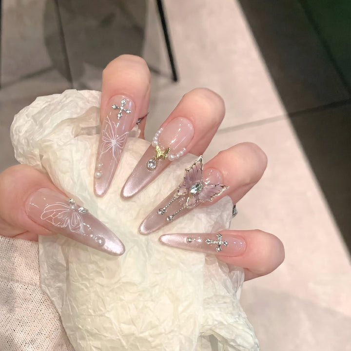Artistic Stiletto Press-On Nail Design Set with Butterfly and Gemstone Accents Bowlift
