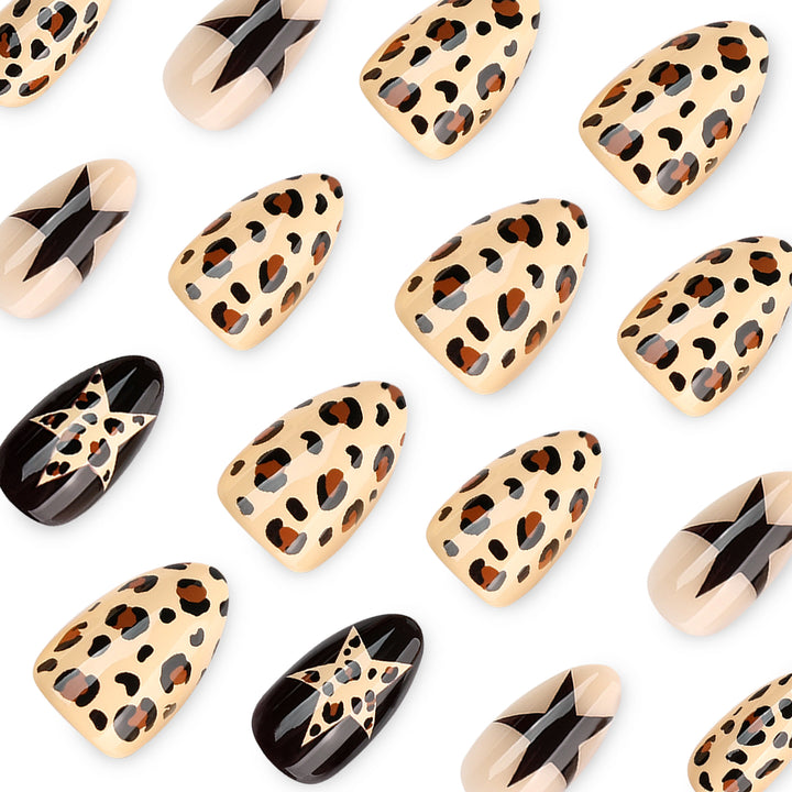 Artistic Nail Extensions with Leopard and Star Design Bowlift