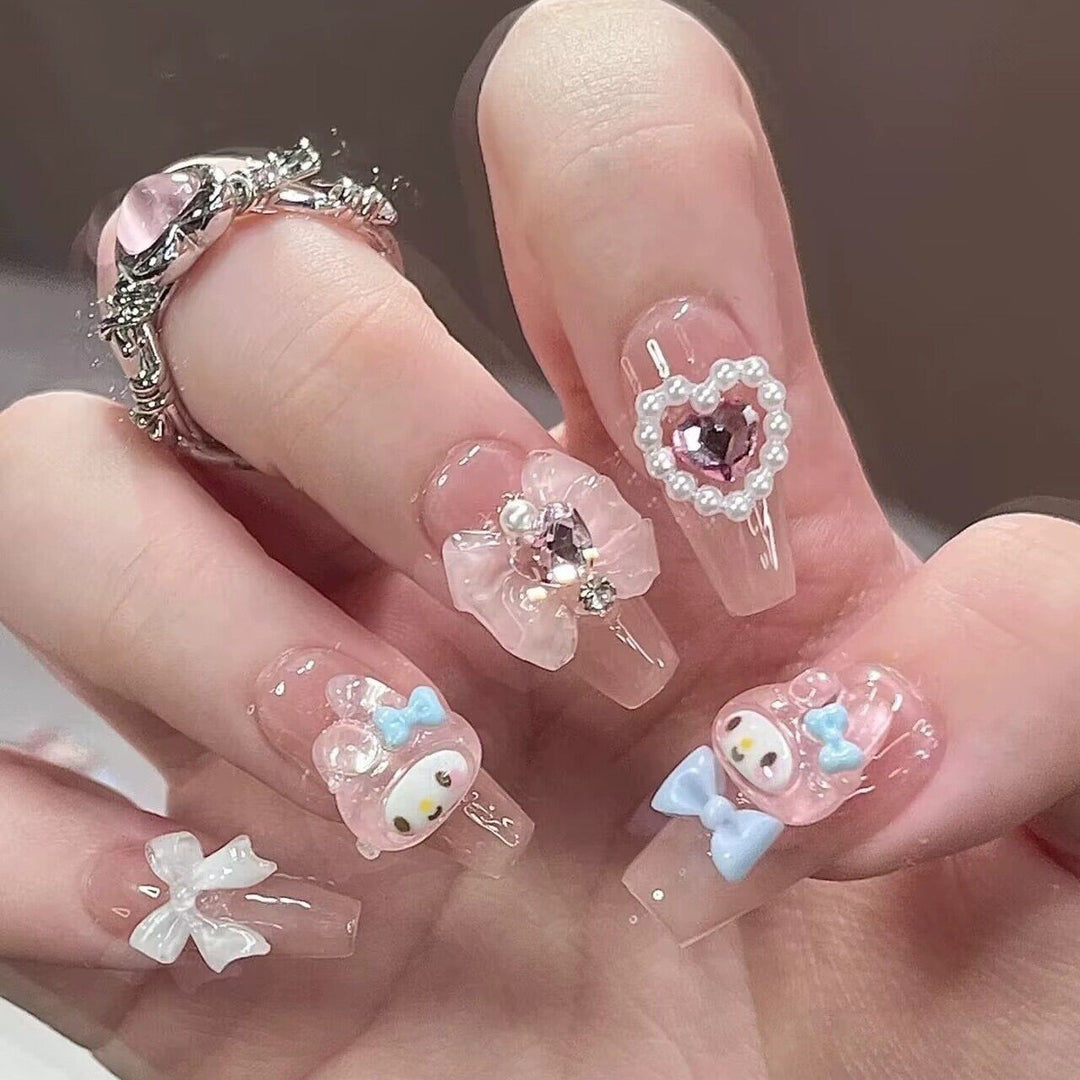 Artistic Press-On Nail Design Set with Floral and Gemstone Accents Bowlift