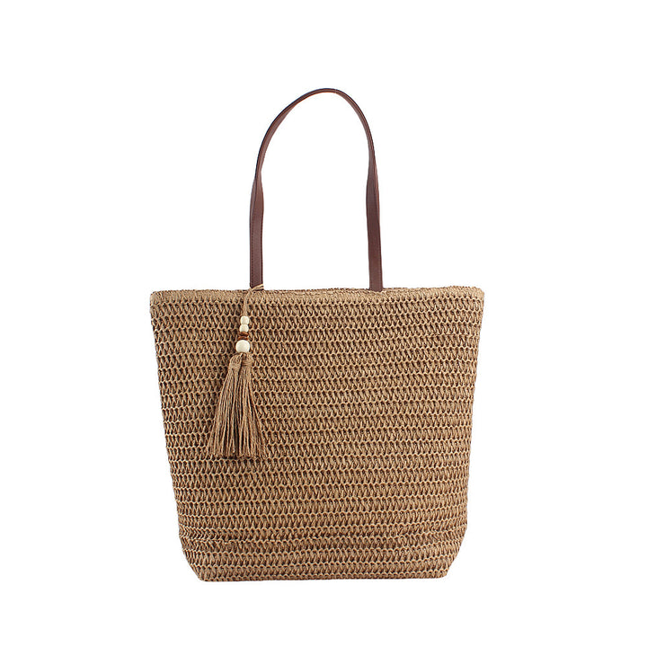 Spacious Shoulder Bag Made of Braided Natural Material with Decorative Tassel Bowlift
