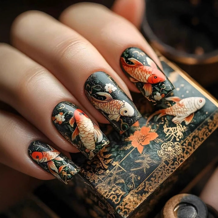 Acrylic nail set with detailed koi design Bowlift