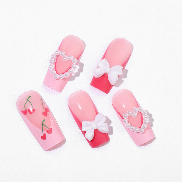Decorative Press-On Nail Art Set with 3D Heart and Bow Accents Bowlift
