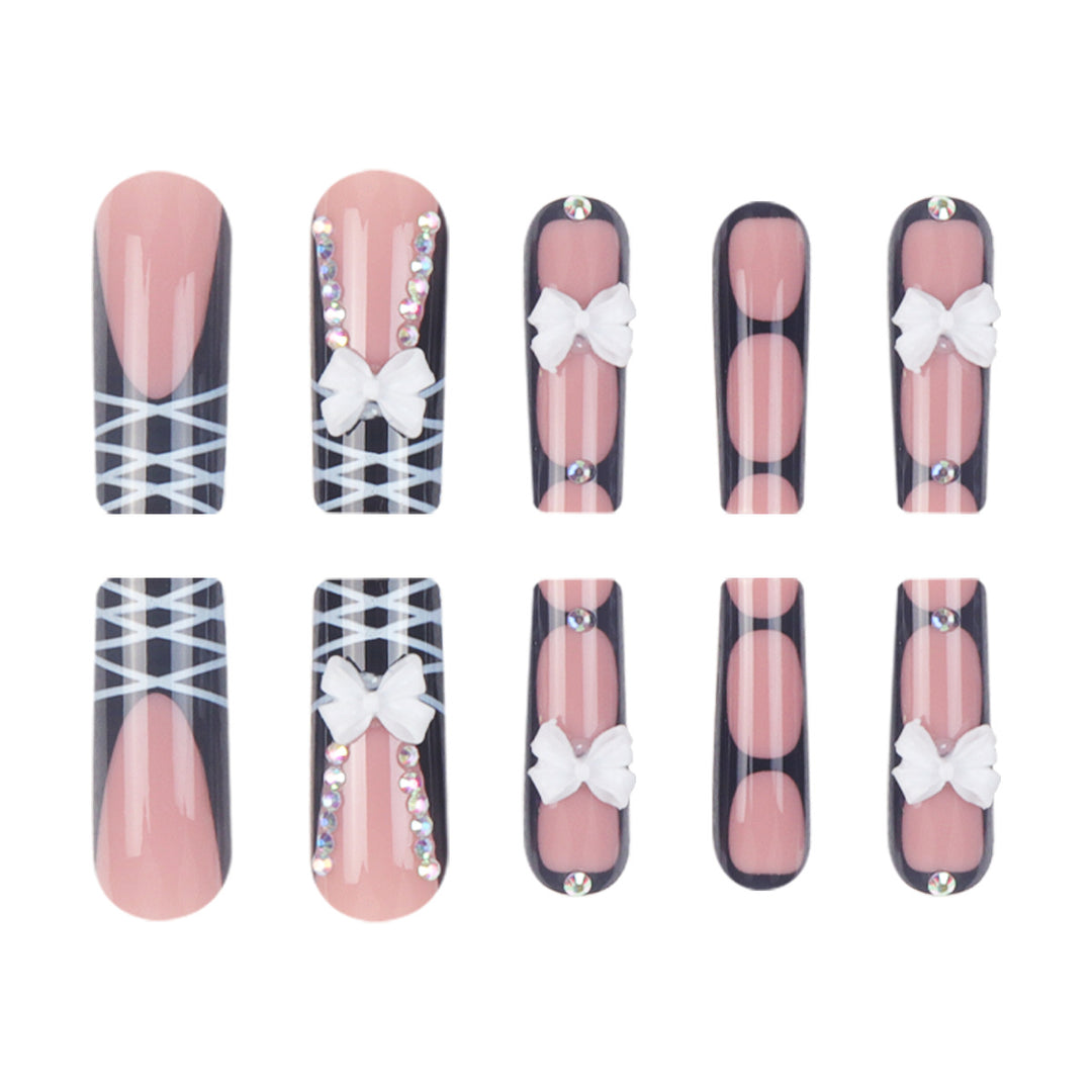 Stiletto Press-On Nail Set with Decorative Bow and Gem Accents Bowlift