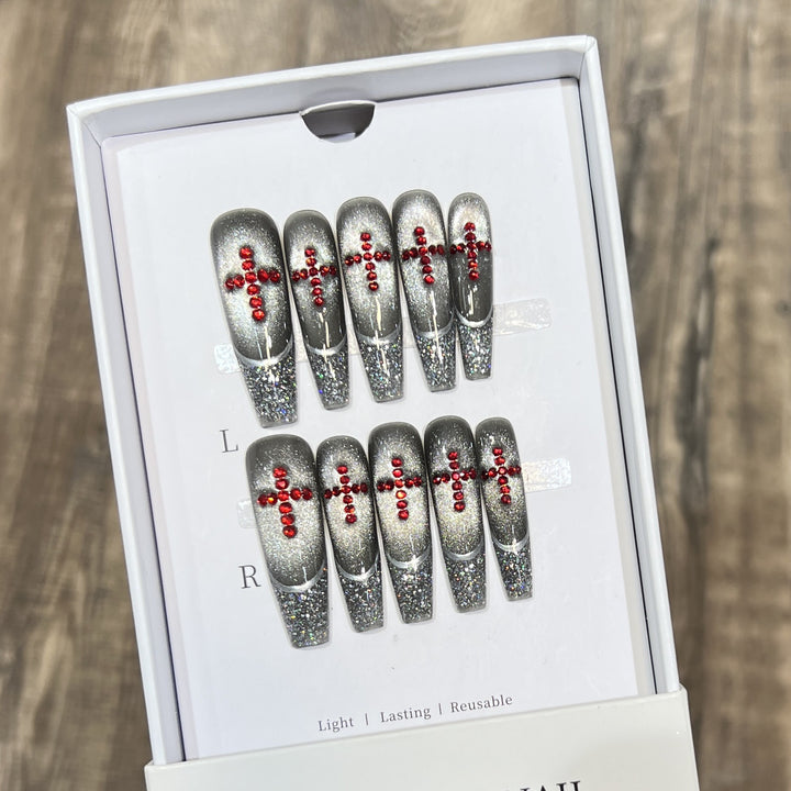 Luxury Glitter Press-On Nail Set with Crystal Accents Bowlift