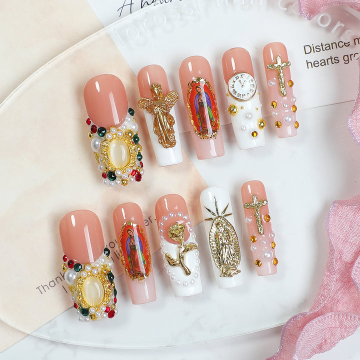 Artificial nail set with luxurious 3D decorations and religious motifs Bowlift