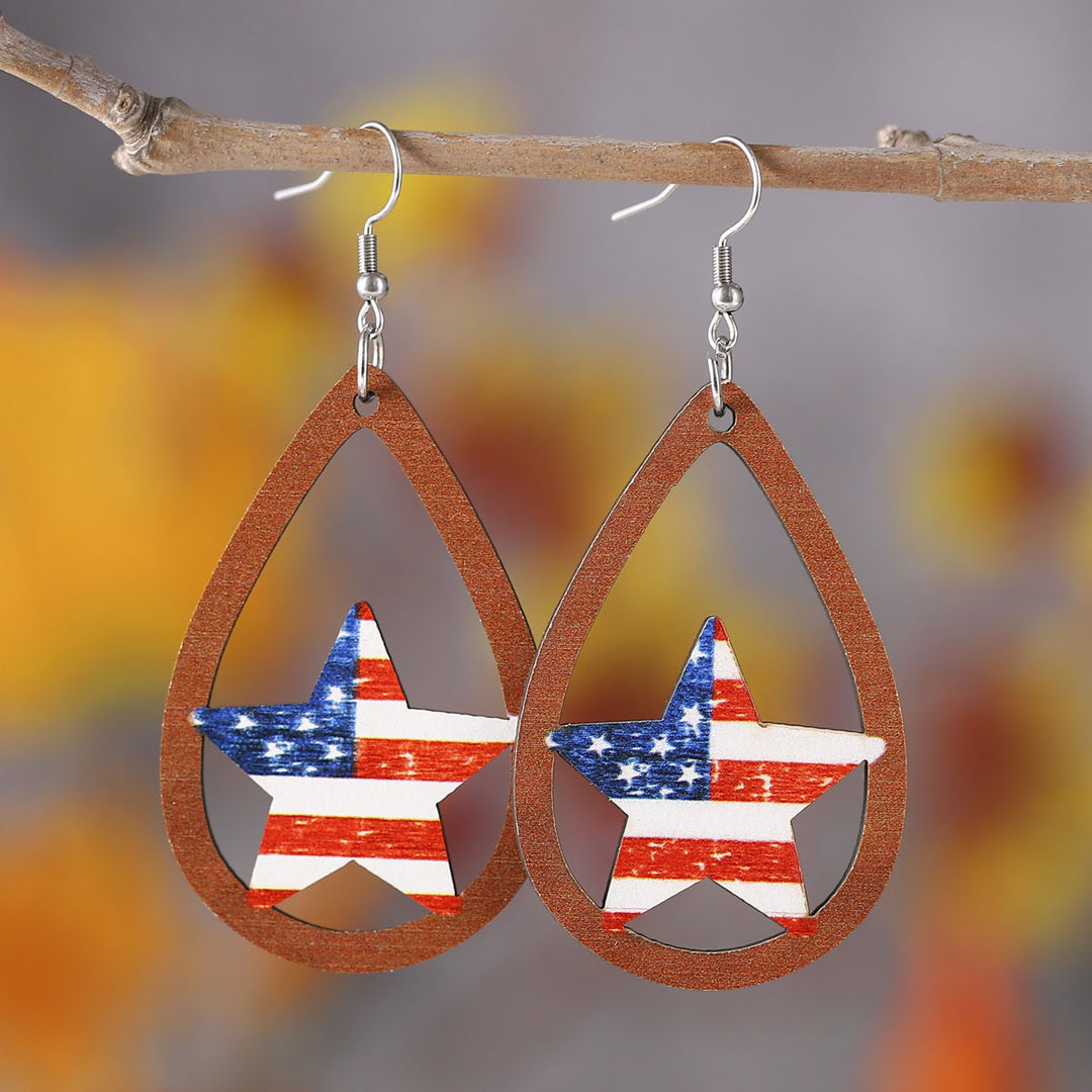 Women's nan patriotic teardrop wooden dangle earrings with star stripe cutout Bowlift