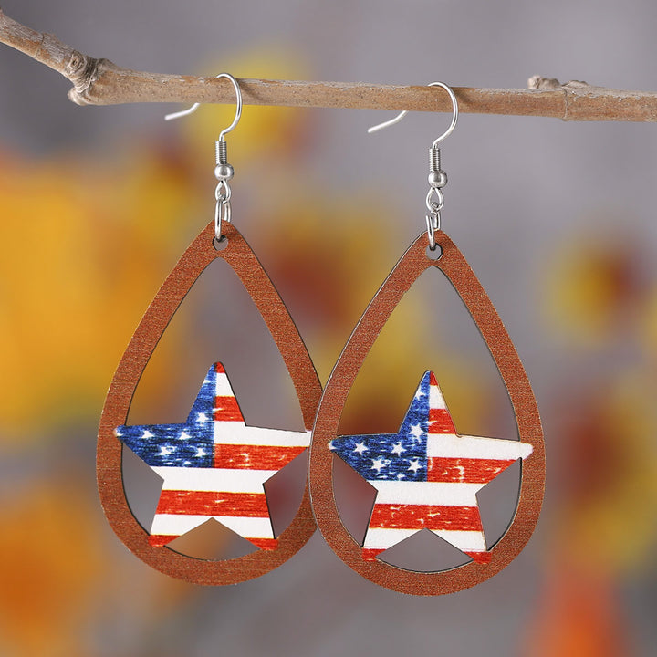 Women's nan patriotic teardrop wooden dangle earrings with star stripe cutout Bowlift