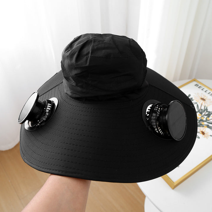 Wide sun hat with integrated solar fans breathable mesh adjustable chin strap Bowlift