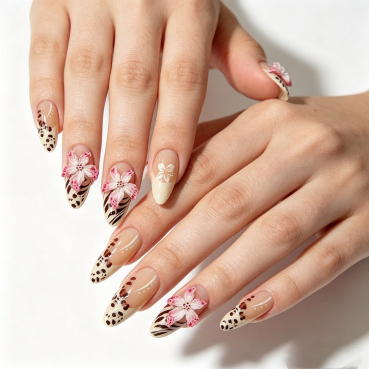 Artificial nails with floral accents and animal print Bowlift