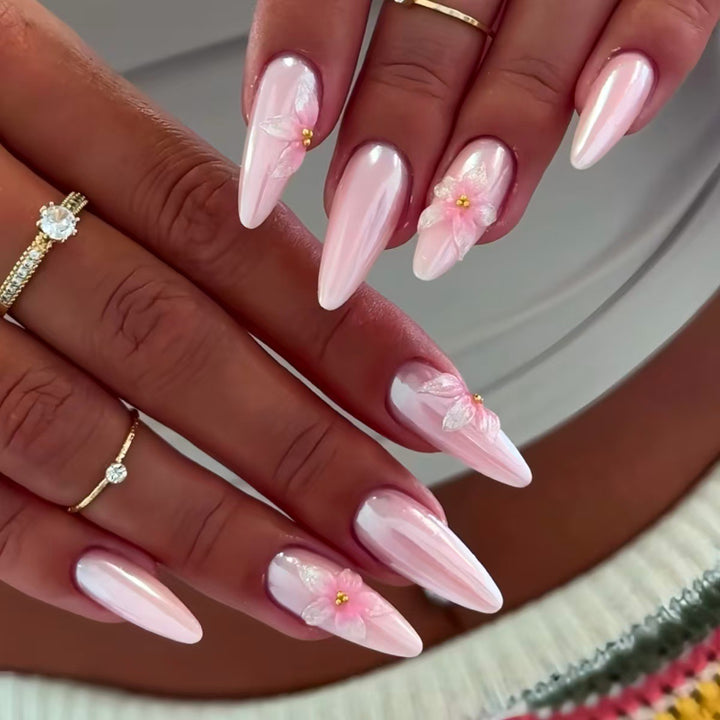 Floral-Decorated Stiletto Press-On Nail Art Bowlift