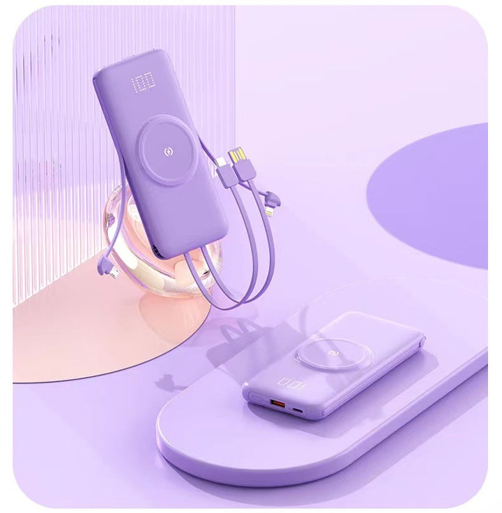 Portable power bank with wireless charging function and integrated charging cable Bowlift