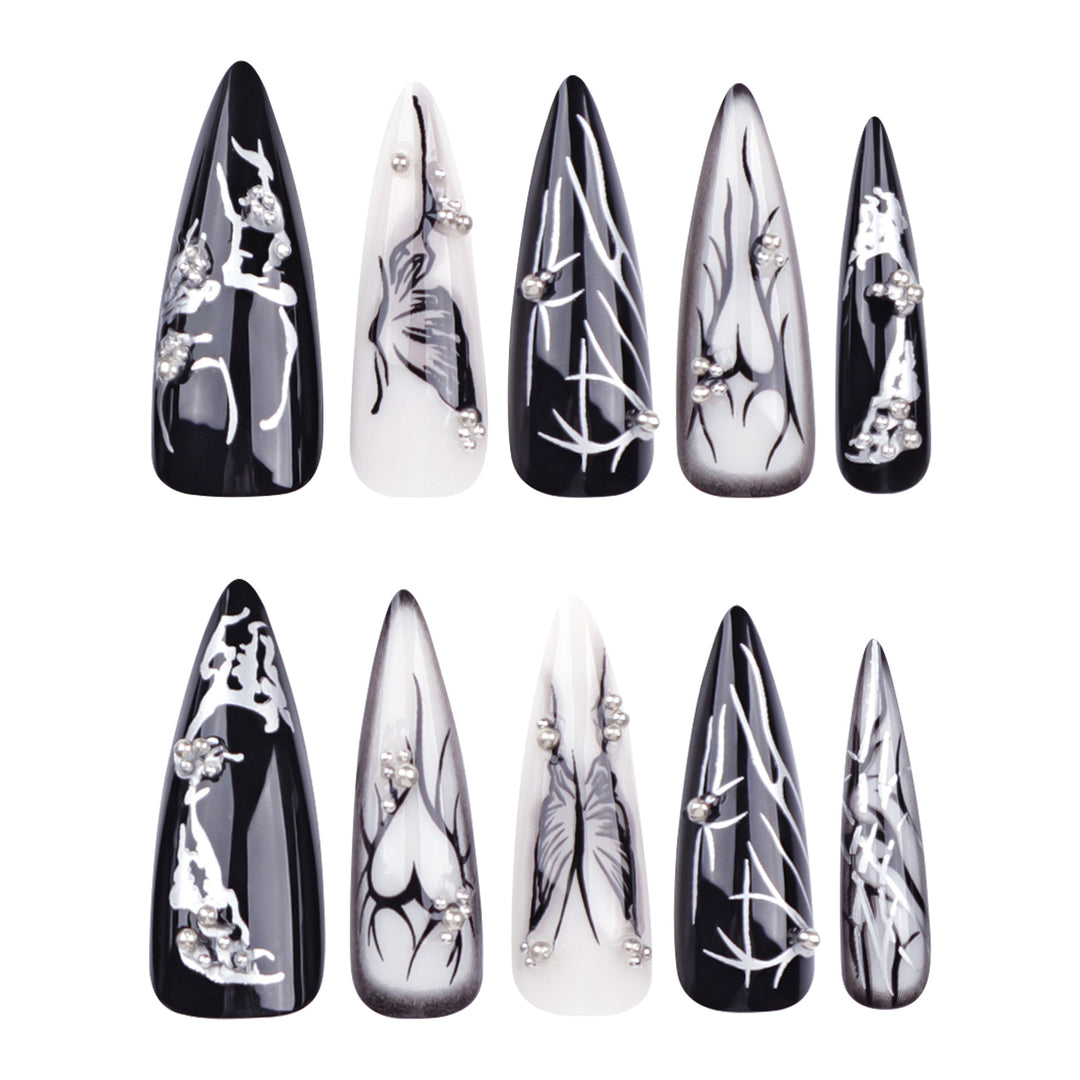 Artful Nail Art with Elegant Black and White Design Bowlift
