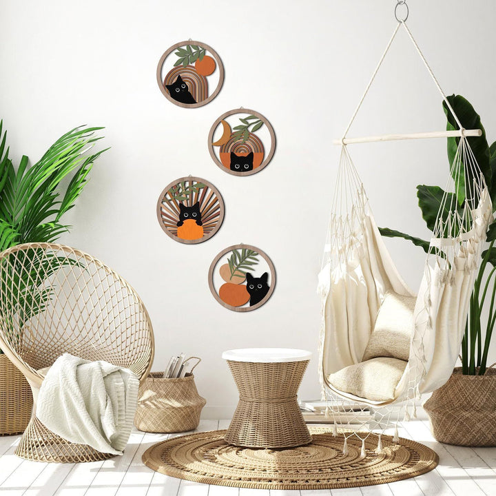 Round Boho Cat Laser-Cut Wooden Wall Art Hanging Plaque Set Bowlift