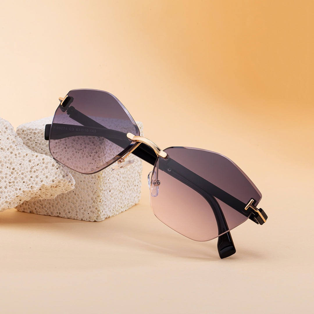 Rimless Hexagonal Gradient-Effect UV Protection Sunglasses with Adjustable Nose Pads Bowlift