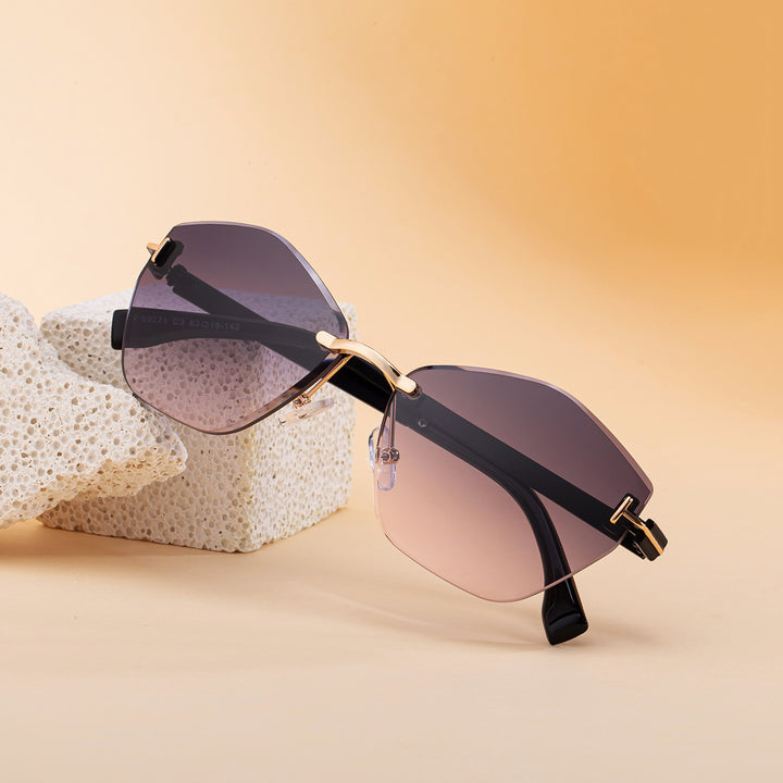 Rimless Hexagonal Gradient-Effect UV Protection Sunglasses with Adjustable Nose Pads Bowlift