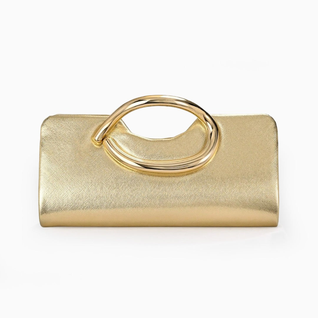 Structured Metallic Evening Clutch with Sculptural Polished Metal Handle Bowlift