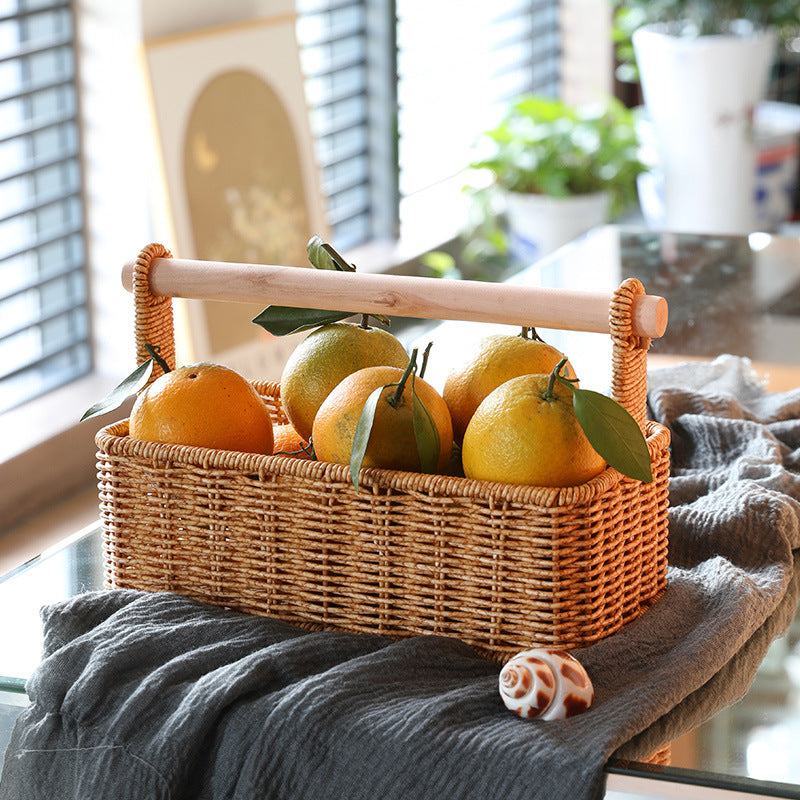 Handcrafted Woven Storage Basket with Wooden Handle Bowlift