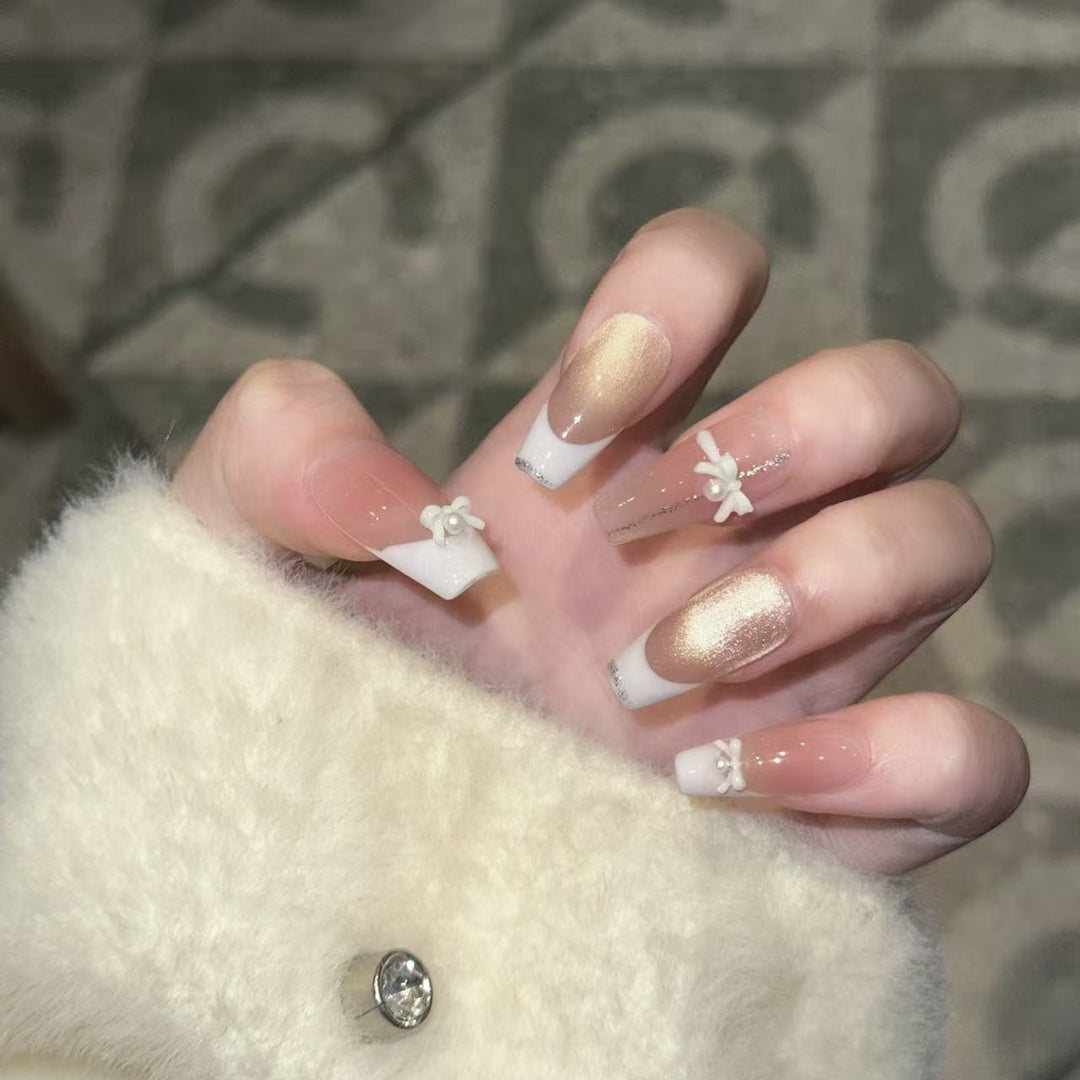 Elegant Reusable Press-On Nail Art Set with Pearl and Glitter Accents Bowlift