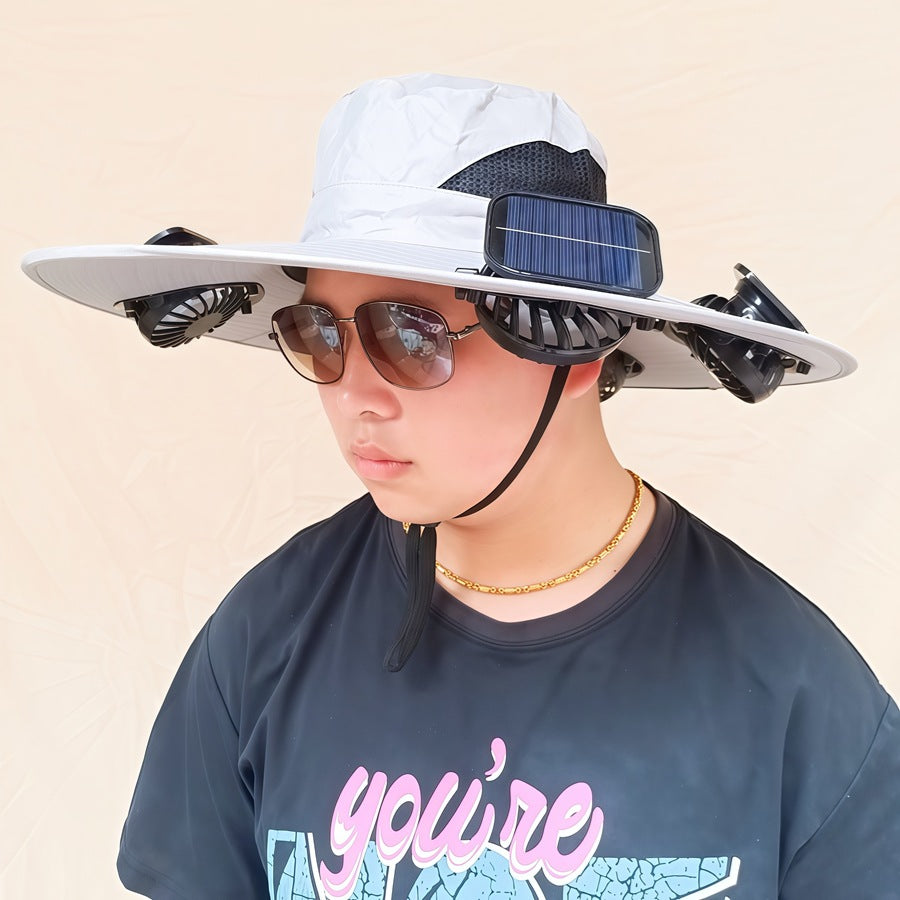 Wide-brimmed sun hat with detachable swivel solar fans and adjustable chin strap Bowlift