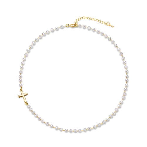 BowLift | Dainty Faux Pearl Cross Station Choker Necklace