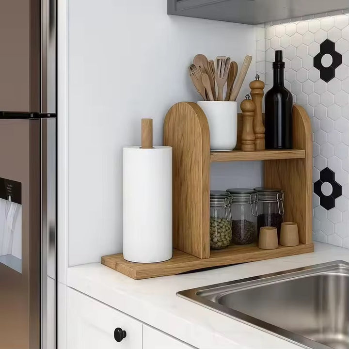 Bamboo double-tier countertop organizer with integrated paper towel holder and spice jar shelf Bowlift