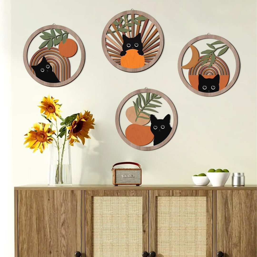 Round Boho Cat Laser-Cut Wooden Wall Art Hanging Plaque Set Bowlift