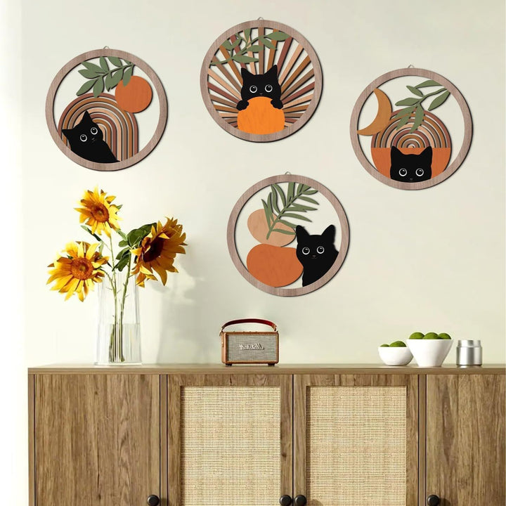 Round Boho Cat Laser-Cut Wooden Wall Art Hanging Plaque Set Bowlift