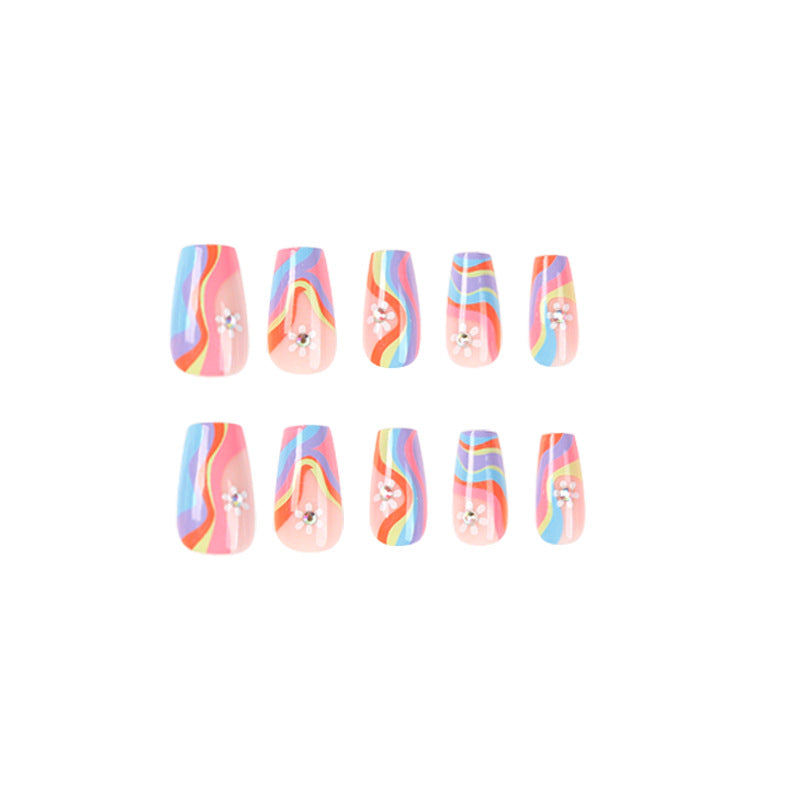 Artful Nail Extensions with Colorful Gradient and Delicate Flower Pattern Bowlift