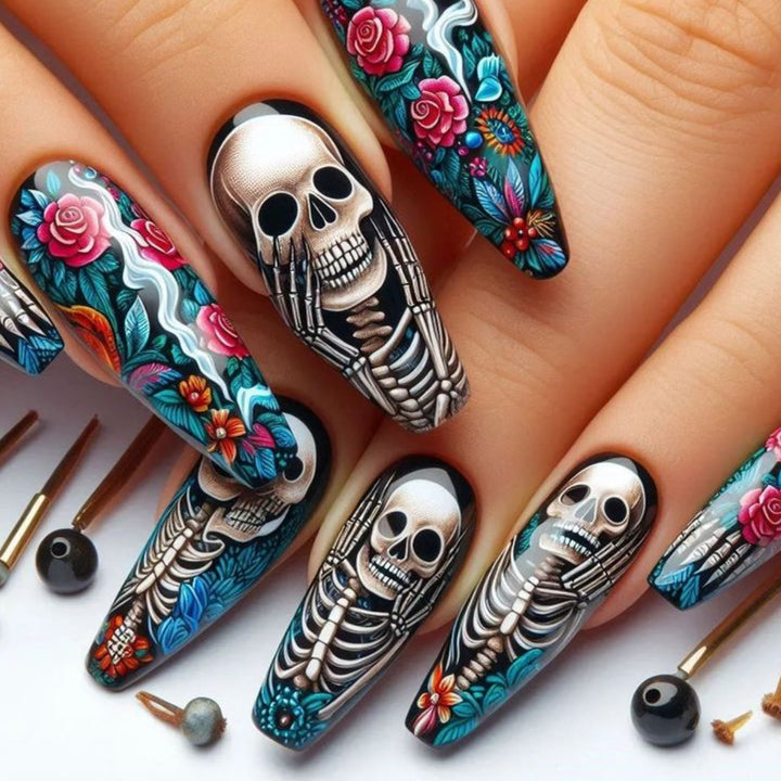 Gothic Skeleton-Themed Acrylic Nail Art Extensions Bowlift