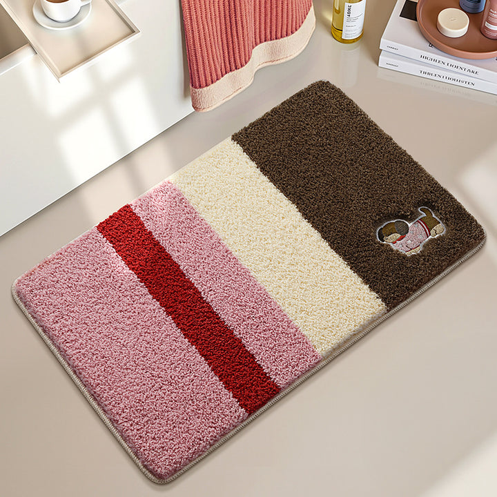 Playful Striped Cartoon Dog Bath Mat Bowlift