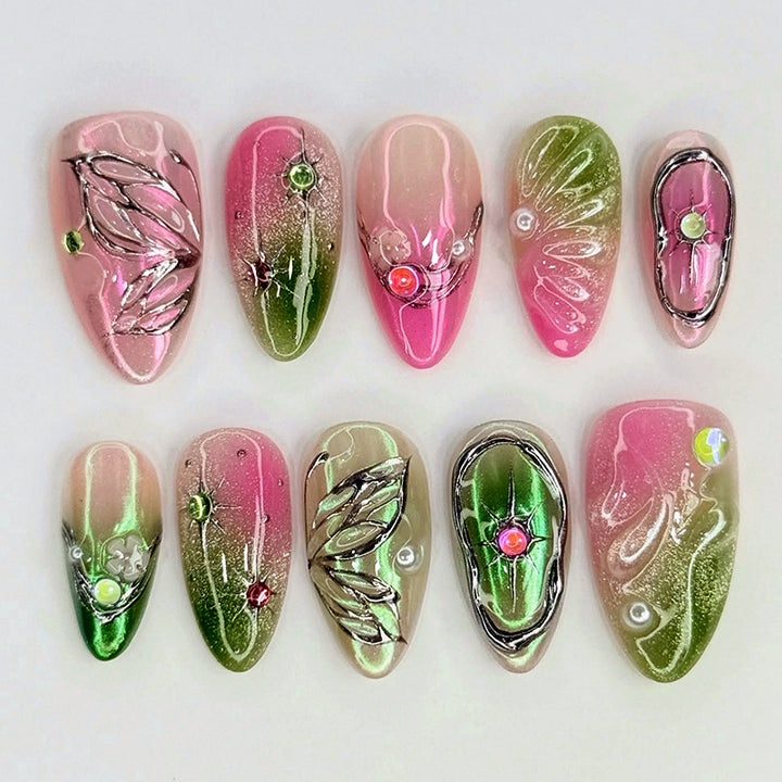 Artificial nail set with floral and festive decorations Bowlift