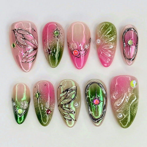 Artificial nail set with floral and festive decorations Bowlift