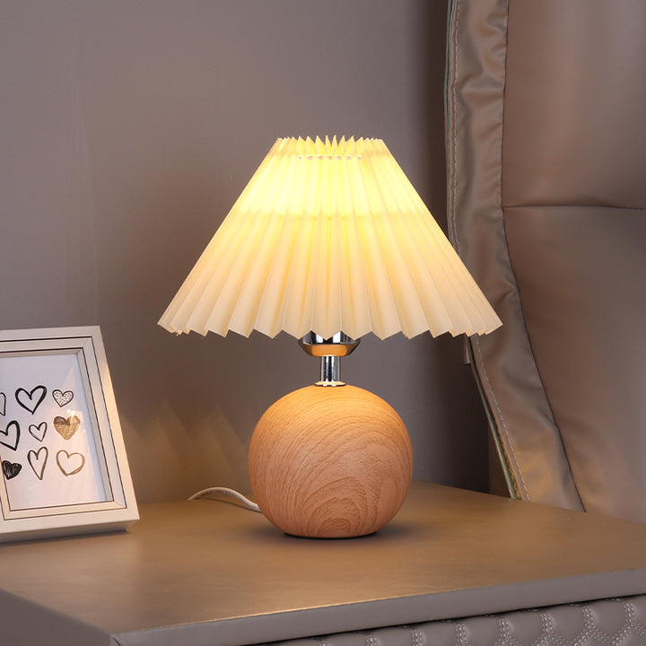 Mid-Century Round Wood Base Pleated Fabric Shade Bedside Lamp Bowlift