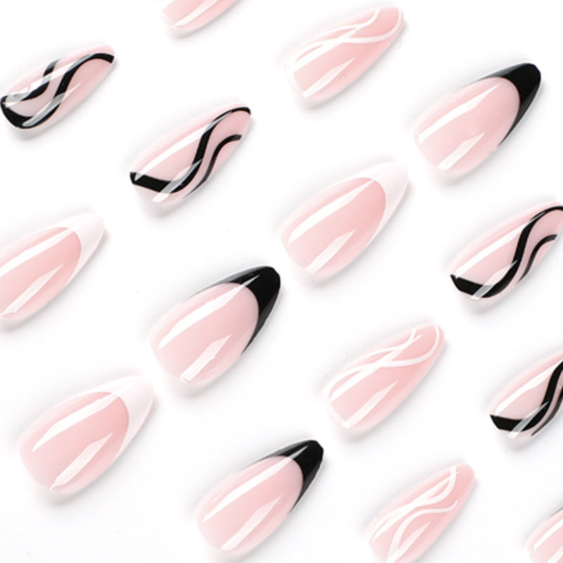 Elegant Artificial Nail Art with Curved Designs and Bowlift Accents