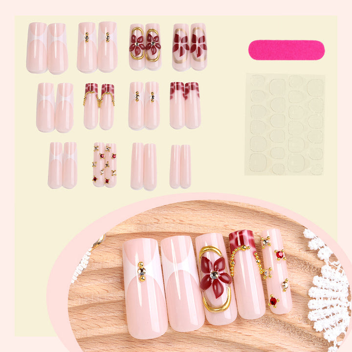 Premium Floral Design Press-On Nail Set with Decorative Elements Bowlift