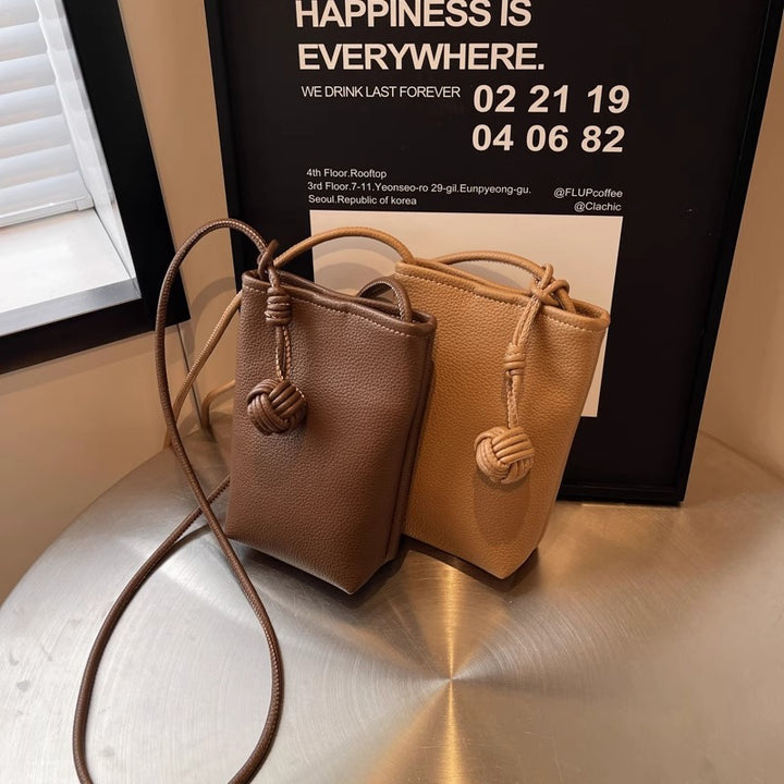 Pebbled Leather Mini Crossbody Phone Pouch with Knotted Strap Bowlift