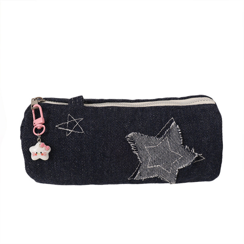 Denim Star-Appliqué Cylinder Pencil Case Makeup Pouch Bowlift