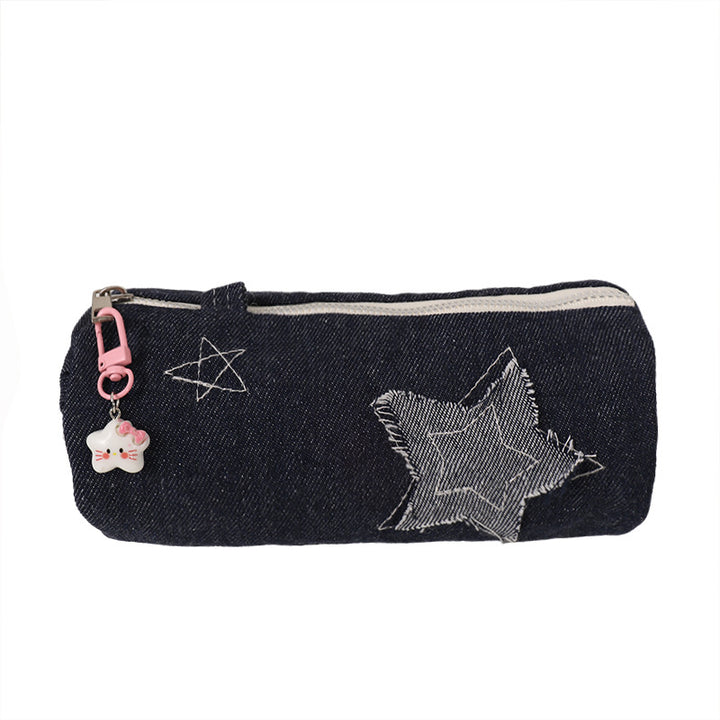 Denim Star-Appliqué Cylinder Pencil Case Makeup Pouch Bowlift