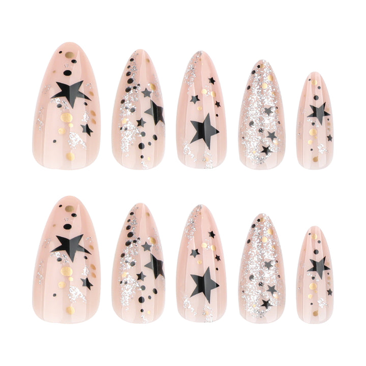 Artistic stiletto nails with glitter and star design Bowlift