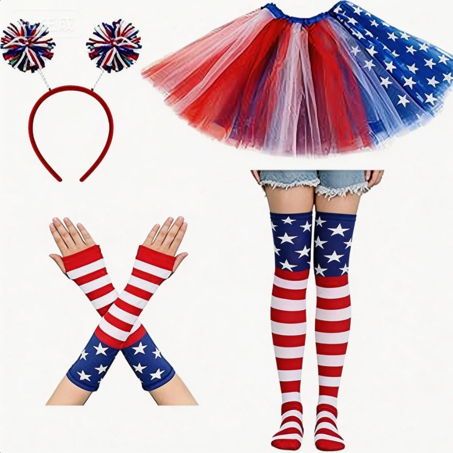 Women's Independence Day tulle tutu skirt with oversized bow headband over-the-knee star-striped stockings and matching arm sleeves Bowlift