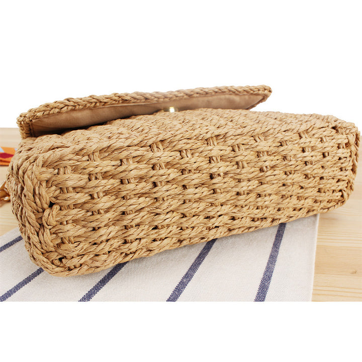 Woven Raffia Shoulder Bag with Decorative Shoulder Strap Bowlift