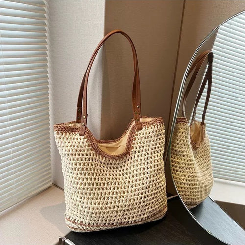 Braided beach bag with leather shoulder straps Bowlift