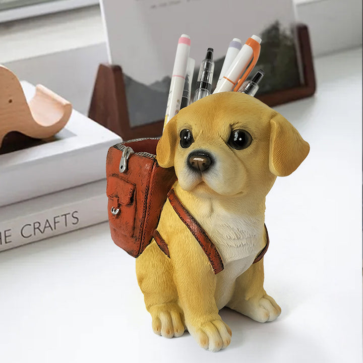 Decorative resin puppy pen holder with backpack desk organizer Bowlift