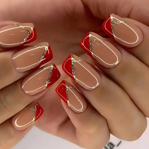 Elegant Artificial Nails with Glitter and Geometric Design Bowlift