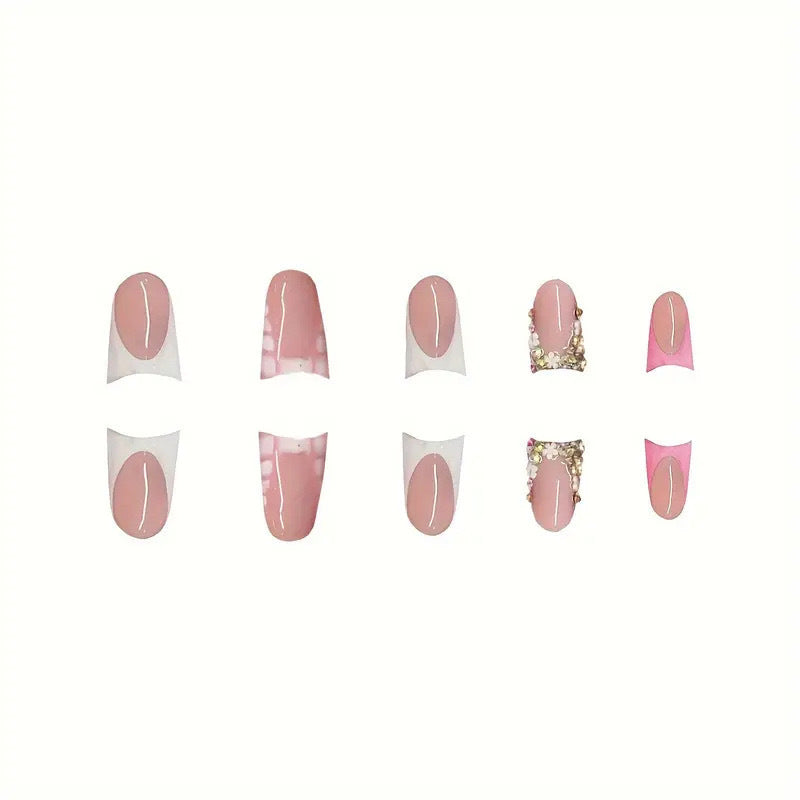 Elegant Press-On Nail Art Set with Gem Accents Bowlift