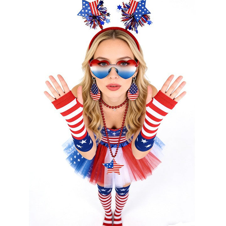 Women's nan patriotic tulle layered mini skirt headband arm sleeves and thigh high socks set Bowlift