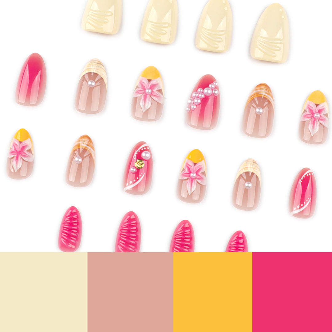Artful nail extensions with floral and pearl-embellished accents Bowlift