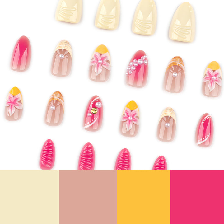 Artful nail extensions with floral and pearl-embellished accents Bowlift