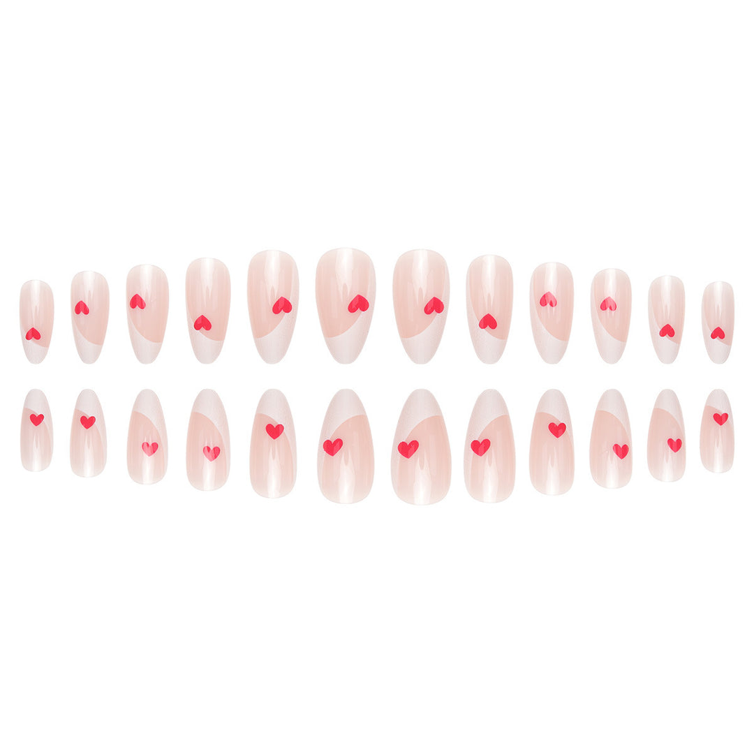 Elegant French Tip Press-On Nails with Heart Accents Bowlift